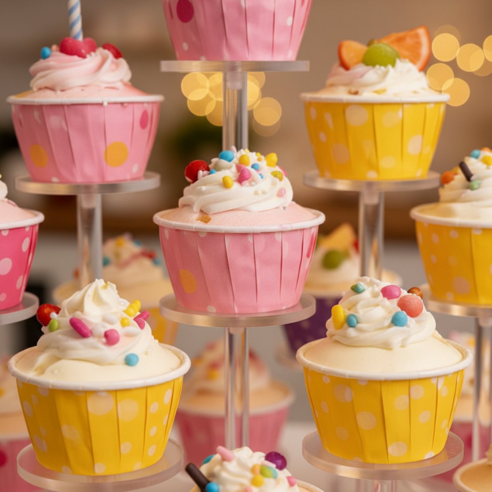 Cupcake Stand Tier - แท่นวางคัพเค้กอะคริลิก แท่นโชว์คัพเค้กทรงกลมใส แท่นโชว์ขนมหวานใส ตกแต่งงานปาร์ตี้หลายชั้น ขอบขัดเงา