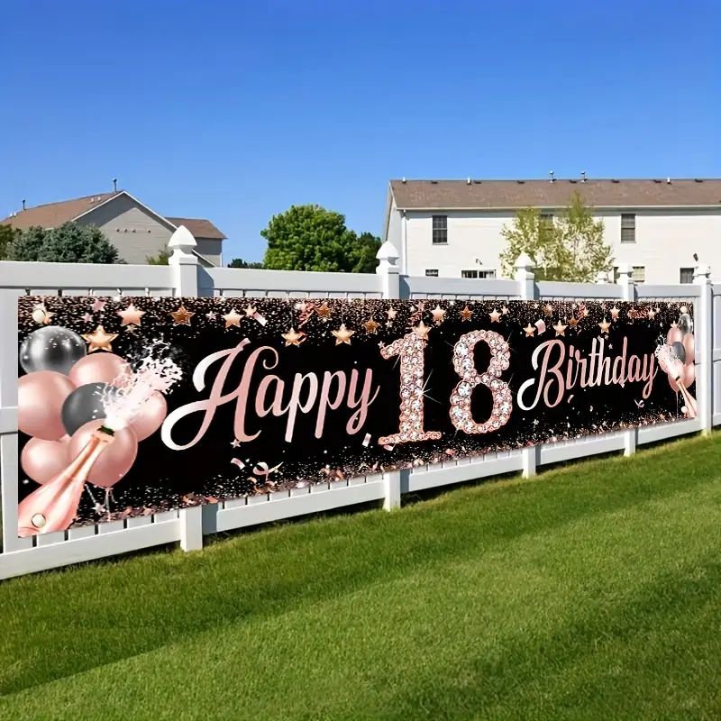 Party Banner Gold - แบนเนอร์วันเกิดครบรอบ 18 ปี, ของตกแต่งงานวันเกิดสีโรสโกลด์, ป้ายตกแต่งลานภายใน/ภายนอก, ฉากหลังแขวนรั้ว