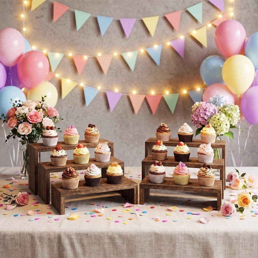 Cupcake Stand Tier - แท่นวางไม้สำหรับโชว์สินค้า 6 ชิ้น, แท่นวางขนมแบบหลายชั้น, แท่นวางคัพเค้กไม้, สำหรับวางขนมคัพเค้กขนาดใหญ่